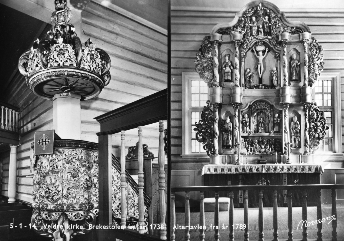 Anno Domkirkeodden, Interiør, Veldre kirke, Ringsaker. Prekestolen fra 1738, altertavlen fra 1789.