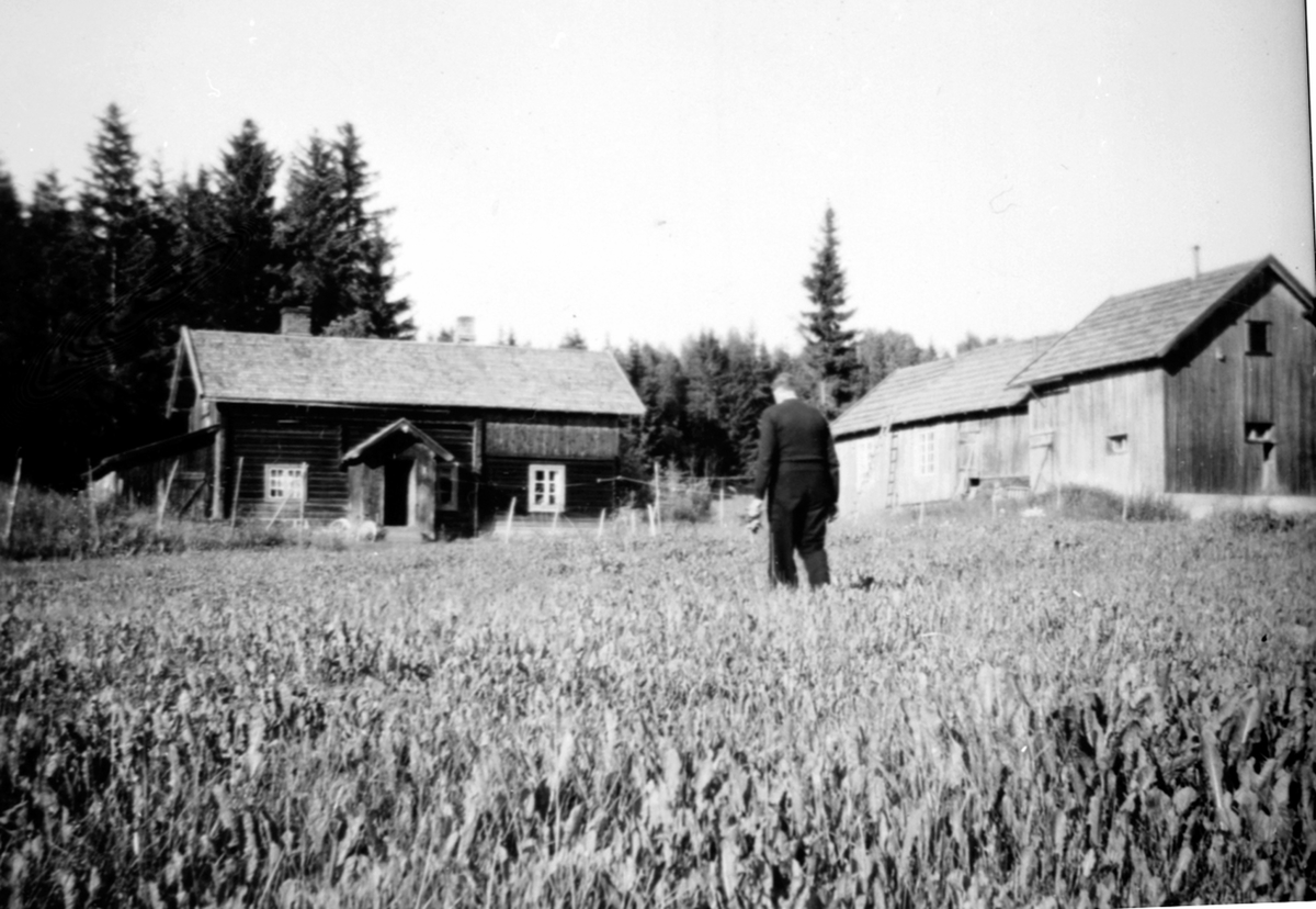 Anno Domkirkeodden, Eksteriør, husmannsplassen Hamborg under Skapal gård, Ringsaker. Kunstmaler Even Framdal (1893-1983) i forgrunn.