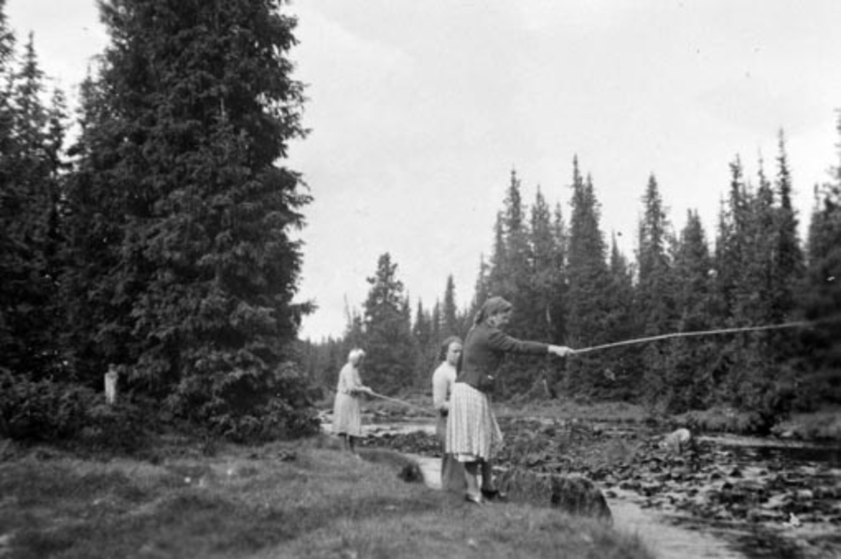 Anno Domkirkeodden, 3 danske damer fisker med stang i Skolla, Ringsakerfjellet.