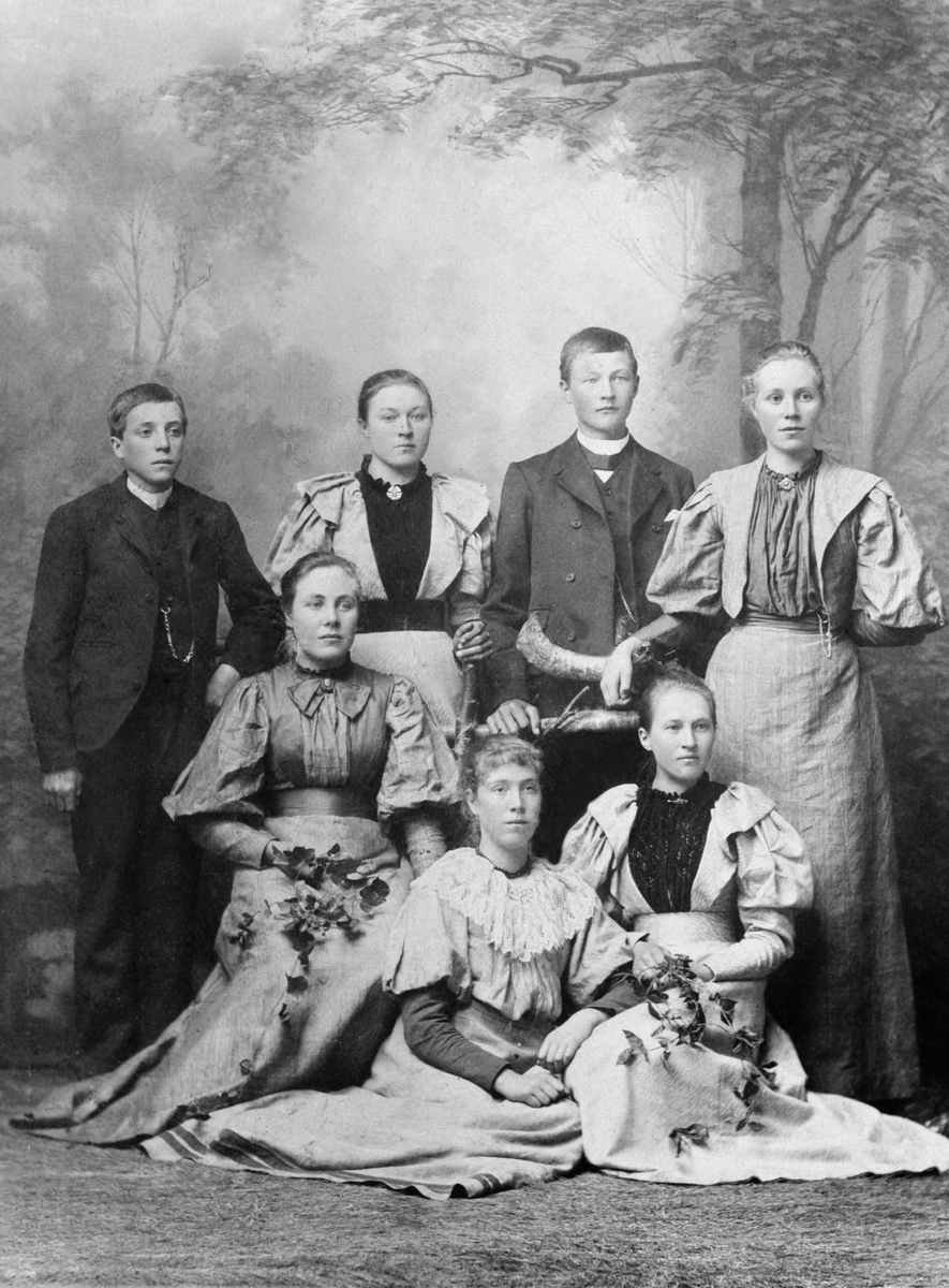 Anno Domkirkeodden, Syv ungdommer fra Askehagen og Rognhaugen på Stavsjø. Bak fra venstre er Arne Olsen (1881-1971), Agnete Askehagen f.1872, Anders Askehagen (1879-1963), Kristine Olsen (1874-1950). Foran er Åsa Olsen (1876-1928), Sigrid Olsen (1878-1944), Jette Askehagen f.1874.