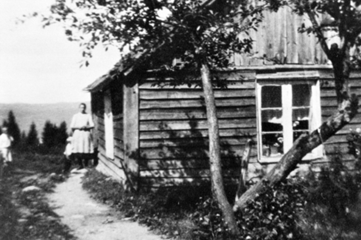 Anno Domkirkeodden, Eksteriør av bolig i Evenstad, Nes, Hedmark. Foran huset er søsknene Marie (1899-1951), Ludvig f.1911 og Torstein (1917-1981) Guldberg.
