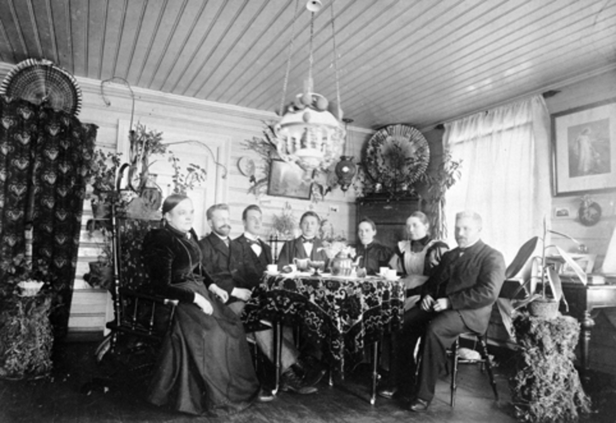 Anno Domkirkeodden, Interiør fra Agnete Kongsruds stue i Dal. Dal Landhandleri, Stavsjø. Syv voksne rundt kaffebord. Fra venstre er Agnete Kongsrud (1870-1922), Ludvig? Dæhlie, tre ukjente gjester, Tolline Aasterud f.1848 og Ole? Dæhlie.