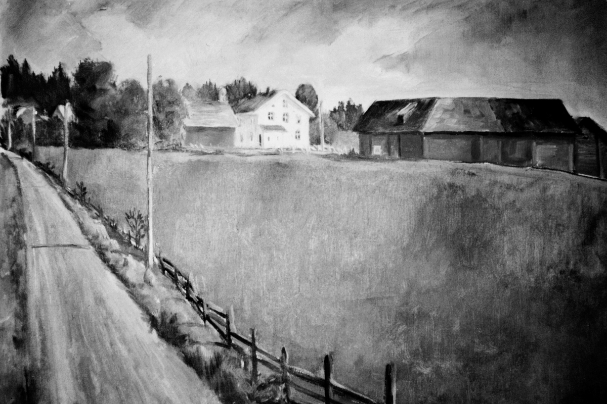 Anno Domkirkeodden, Gardsbruk, Sandvold, maleri av Arvid Røberg, hans mor var fra Sandvold, Nes, Hedmark.