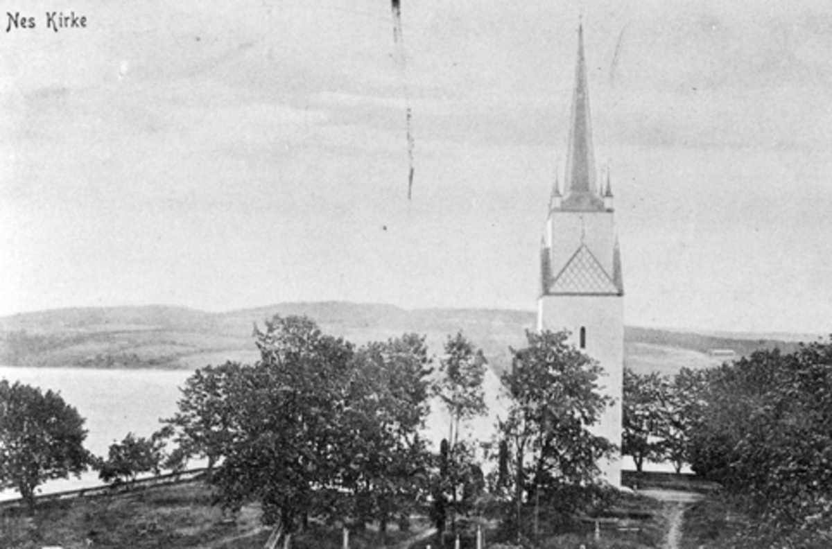 Anno Domkirkeodden, Nes Kirke, Tingnes med Helgøya i bakgrunnern. Postkort.