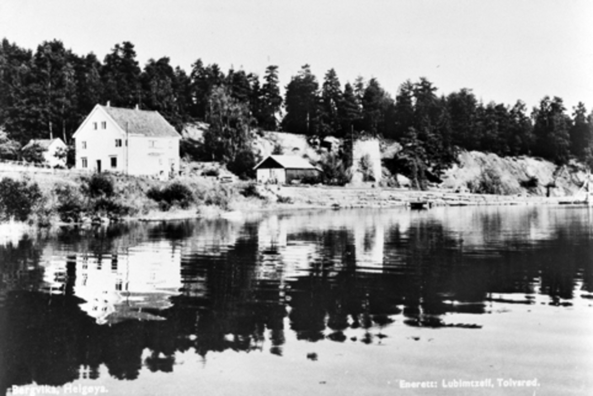 Anno Domkirkeodden, Postkort fra Bergevika, Helgøya med landhandel som ble startet opp i 1930 og nedlagt i 1971. Kalkbrenneri med Nordre ovn som ble bygd i 1897. Brygge med fast ankomst av Mjøsbåter stod ferdig her i 1923.