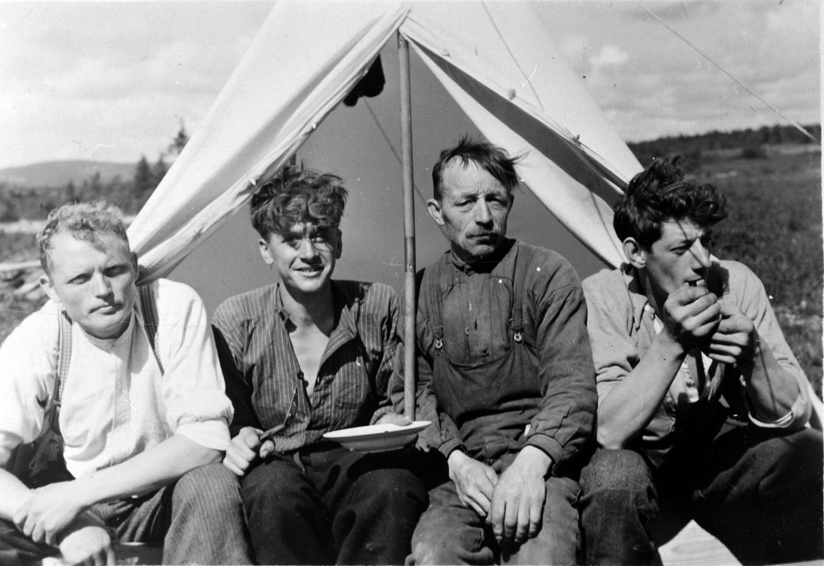 Anno Domkirkeodden, Fjelltur, Ljøsheim. Fra venstre Martin Ødegård, Thorvald Nysveen, Bjørklund, Arne Bårdseth, Ringsaker, 1938.