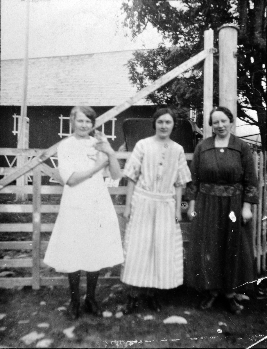 Anno Domkirkeodden, Jentene på Harby, butikk og gård, Åsmarka, Ringsaker. Fra venstre er Johanne Kjelbakken, Magnhild Haug og Sigrid Plassen (fra Valdres), ca. 1925.