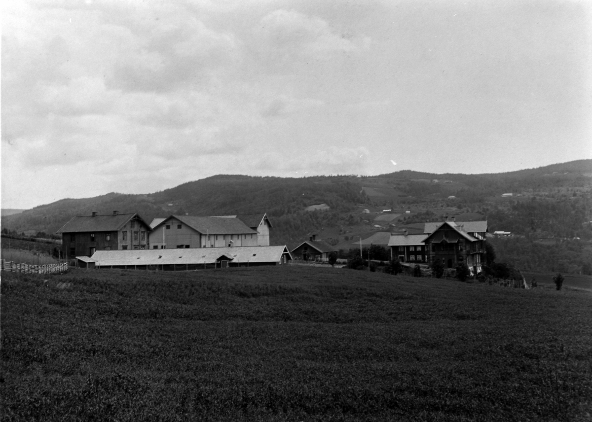 Anno Domkirkeodden, Narud gard, Veldre, Ringsaker. Huset til venstre ble flyttet til ullvarefabrikken ca. 1900-05.