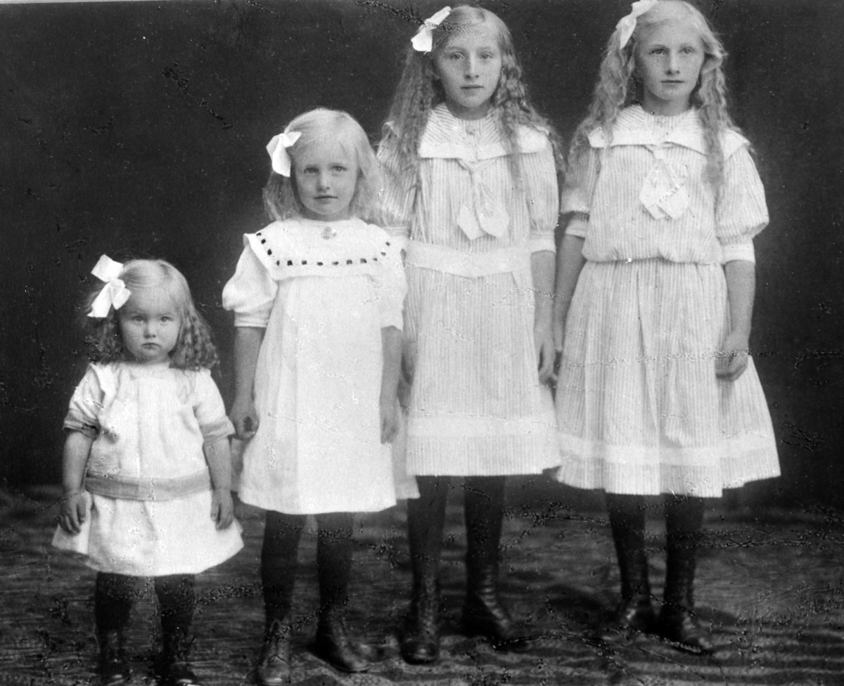 Anno Domkirkeodden, Fire søstre Storlien på Aske østre, Nes, Hedmark. Ca. 1915. Fra venstre er Asbjørg f.1909, Solveig f. 1906, Magdalene f.1902, Aslaug f. 1900.