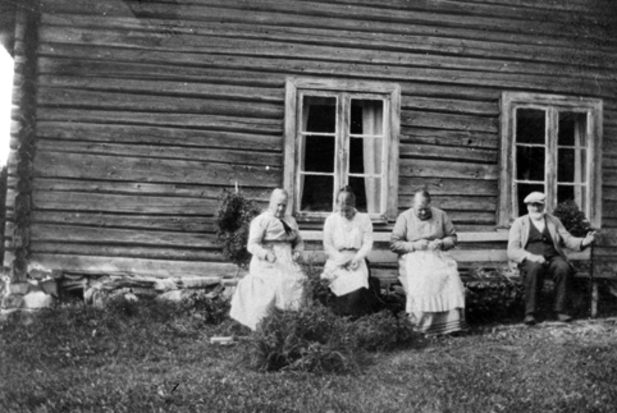 Anno Domkirkeodden, Nordvang, Fuglsengsetra. Simenstad gard i Veldre. Bnr. 138-1. Fra venstre Dina Simenstad (usikker), to budeier mor og datter fra Sætren, Ansten Simenstad, ca. 1920.