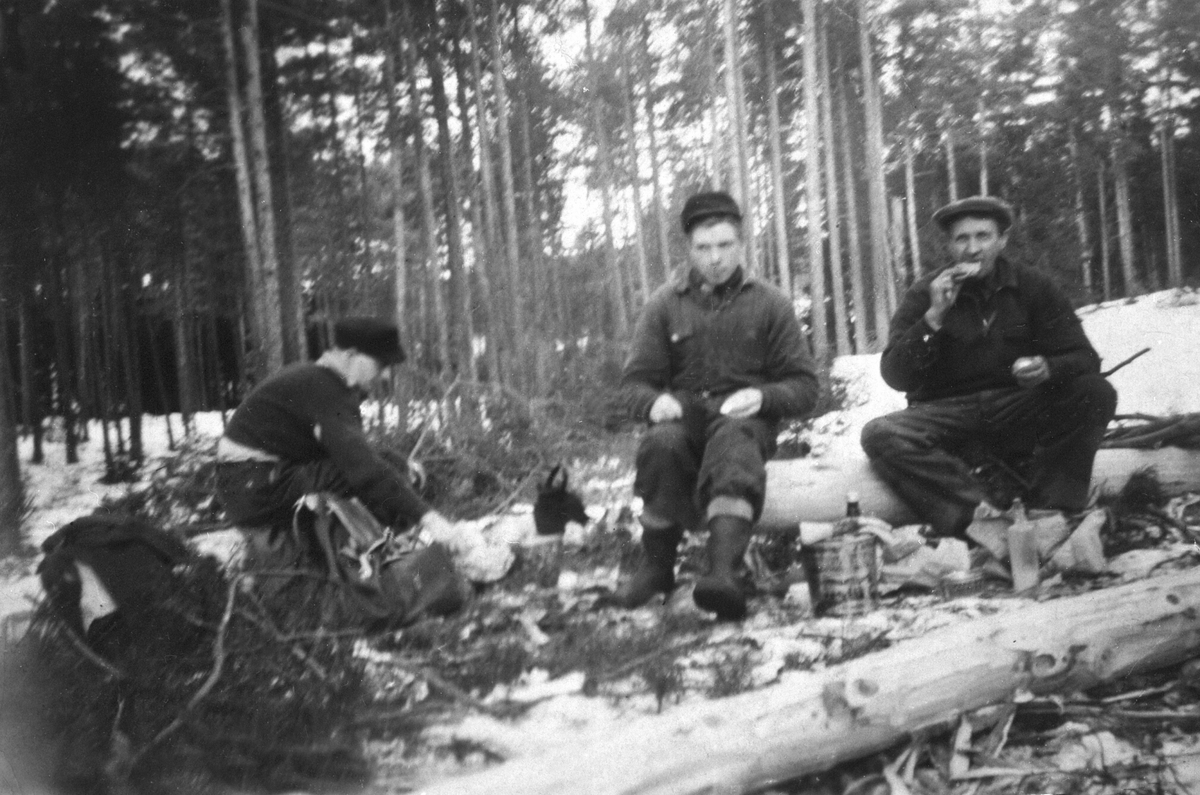 Anno Domkirkeodden, Matpause for tømmerhoggere i skogen i Askeåasen på Aske østre/mellom vinteren 1949. Fra venstre er Alf Kristiansen, Arne Johansen f.1928 og Einar Johansen (1895-1972) fra Ordersveen, Nes, Hedmark.