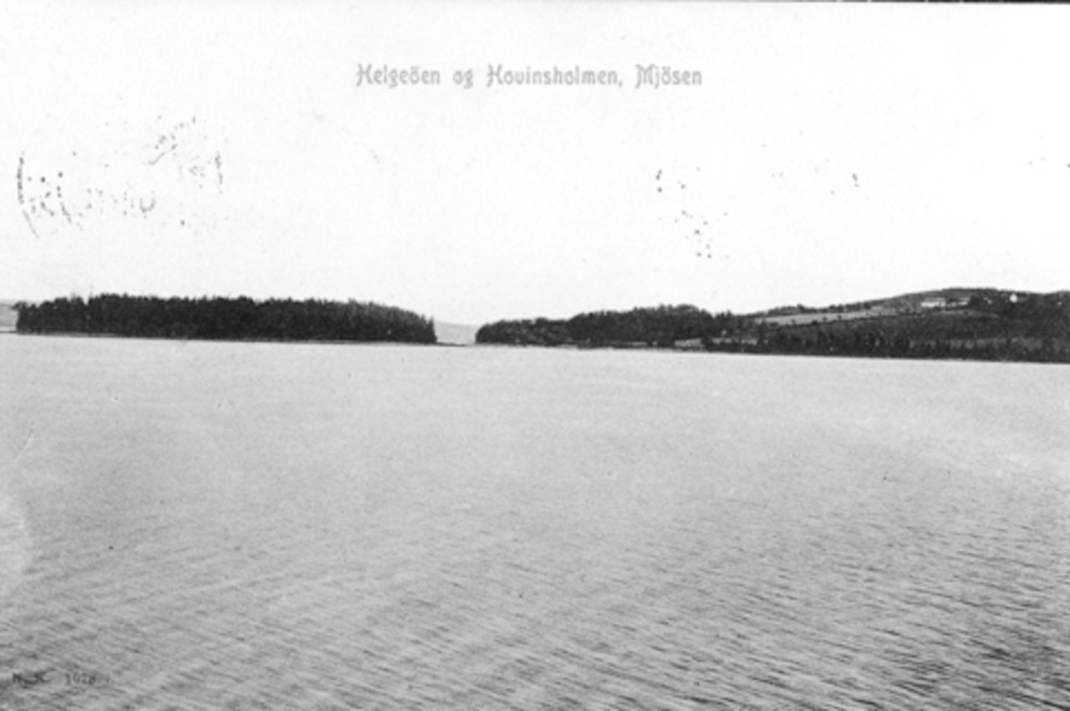 Anno Domkirkeodden, Hovinsholmen, Helgøya. Postkort med teksten "Helgøen og Hovinsholmen, Mjøsen".