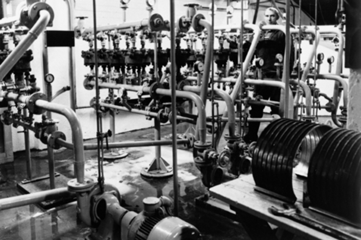 Anno Domkirkeodden, Jessnes Potetmjølfabrikk, Hedmarkens Potetmelfabrikk. Interiør, produksjonslokale. Maskinsjef Heia.