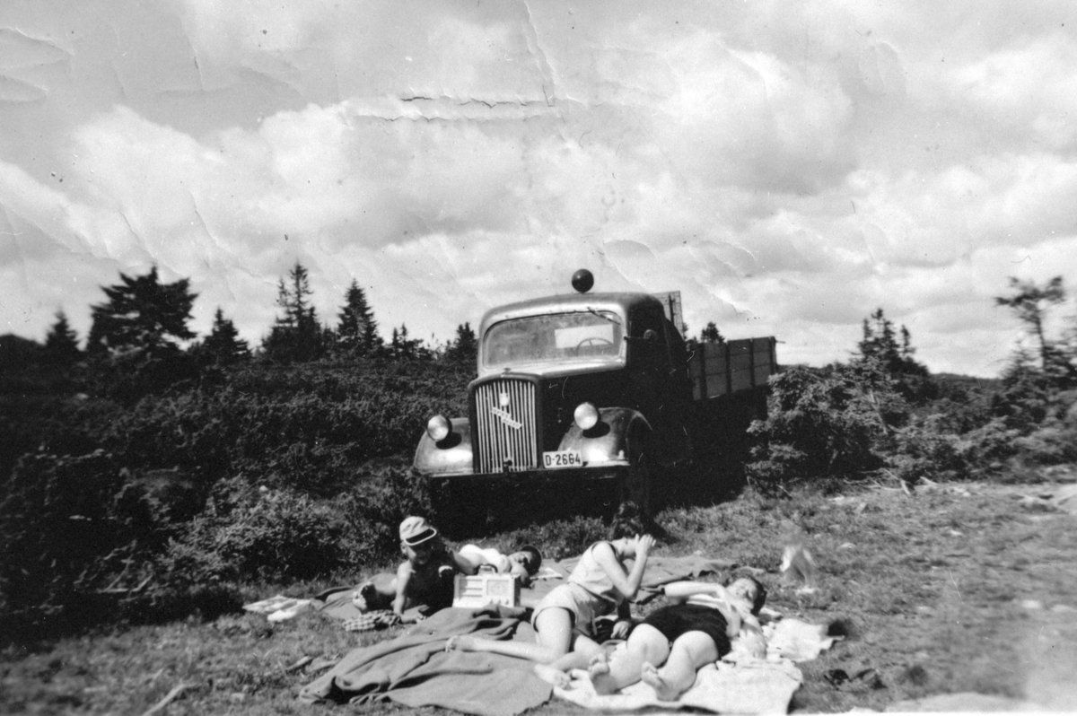 Ukjent, Lastebil, reg. nr. D-2664. Ingv. Grøndal på fjelltur med familie og venner med sin Opel Blitz 4 tonns lastebil. Det var plass til 3 personer i førerhytta, mens resten ble plassert på lasteplanet med ryggen til førerhytta og god utsikt bakover.