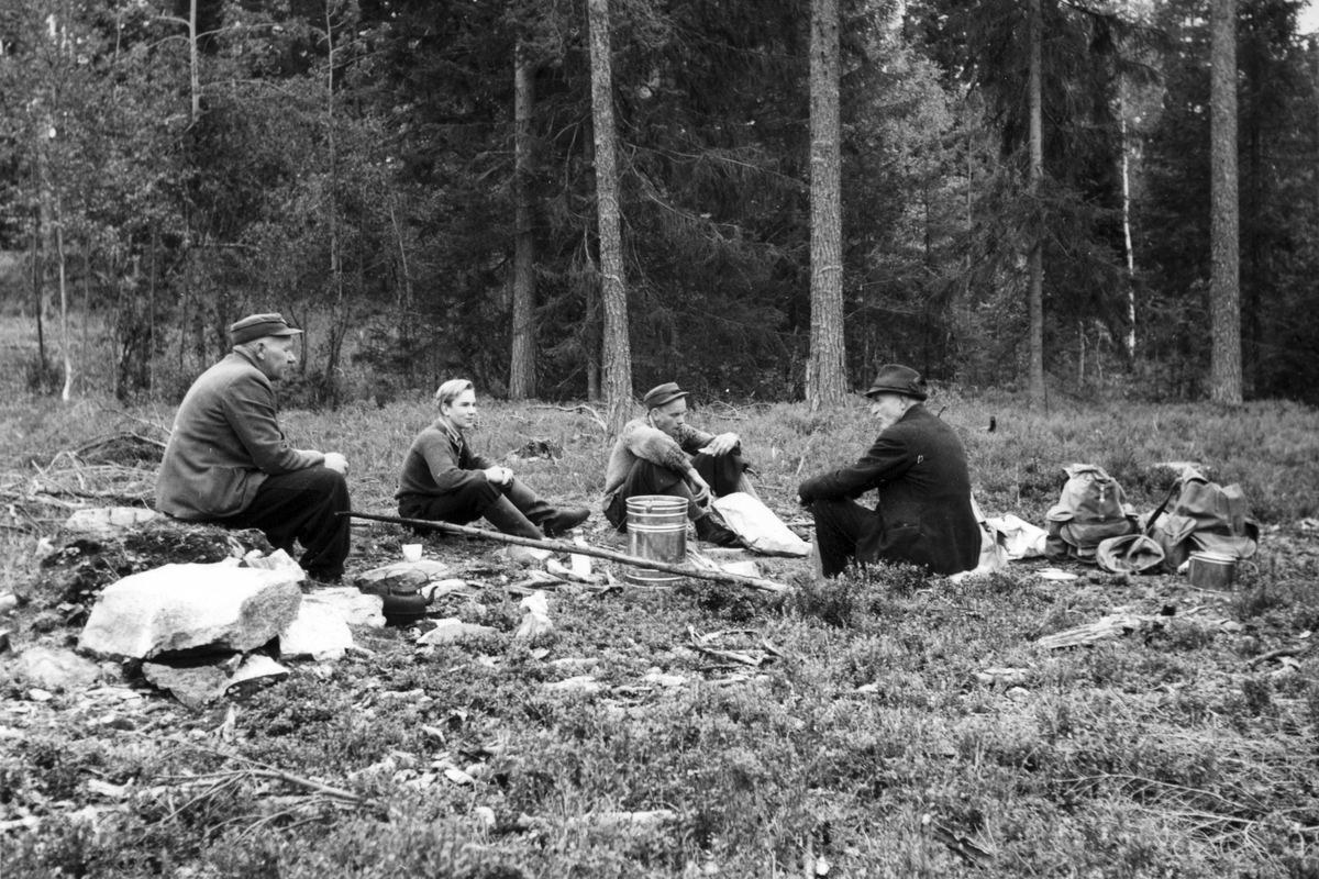 Anno Domkirkeodden, Dyri gard i Løten. Bærplukkere, matpause ute i skogen. Bærspann, kaffekjel, ryggsekker