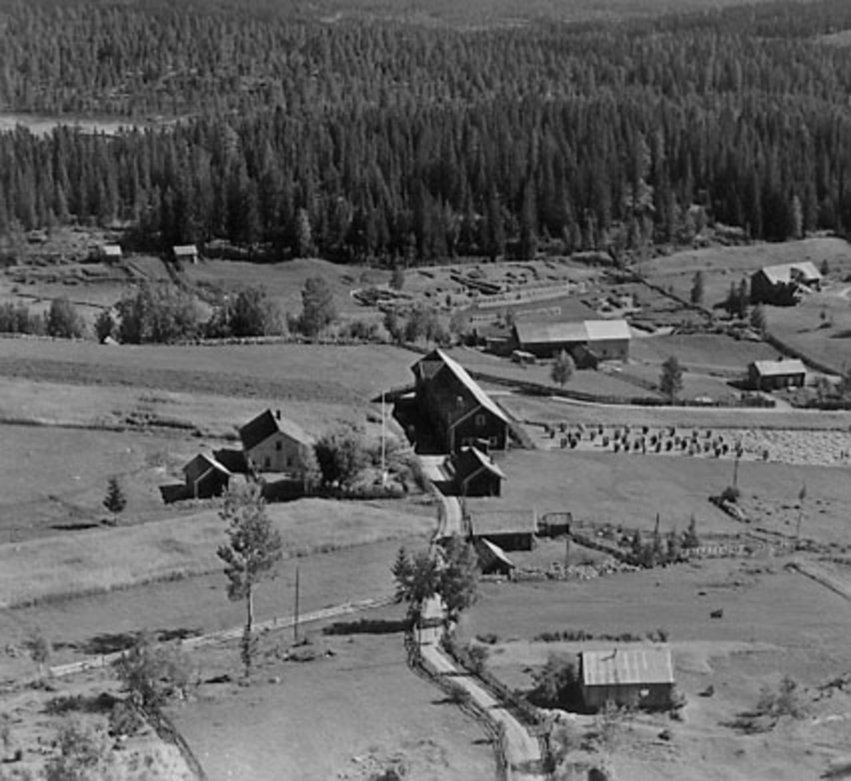 Widerøes Flyveselskap A/S, Flyfoto, Mdt i bildet Berntstuen, nærmest Nordre Spetdalen, Nordby og t. h bakerst uthuset i Finnstua.