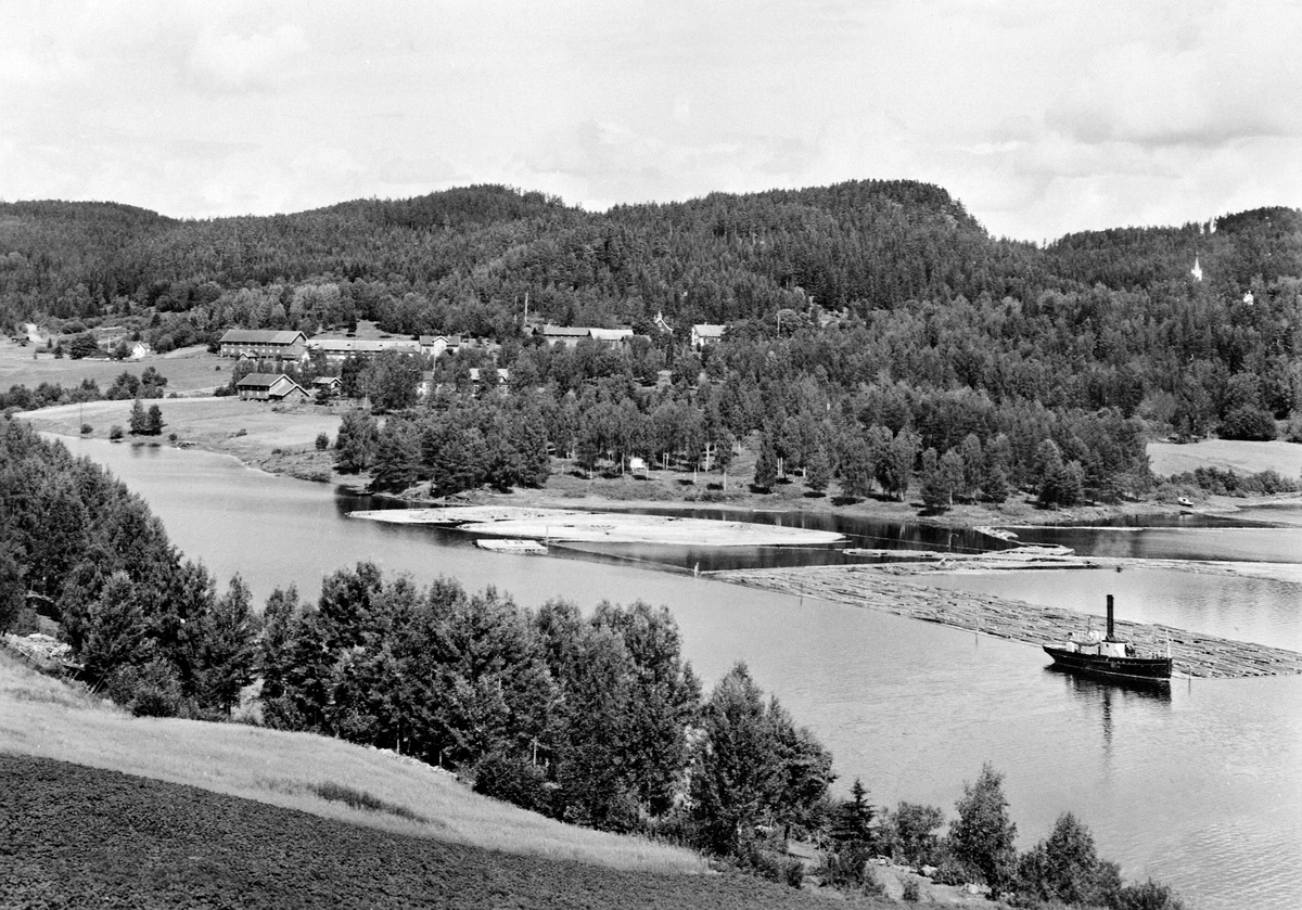 Anno Domkirkeodden, TØMMERFLØTING PÅ MJØSA, TANGEN I BAKGRUNNEN, SLEPEBÅT, TANGEN, Slepebåten er D/S THOR bygd 1875, hugget 1957