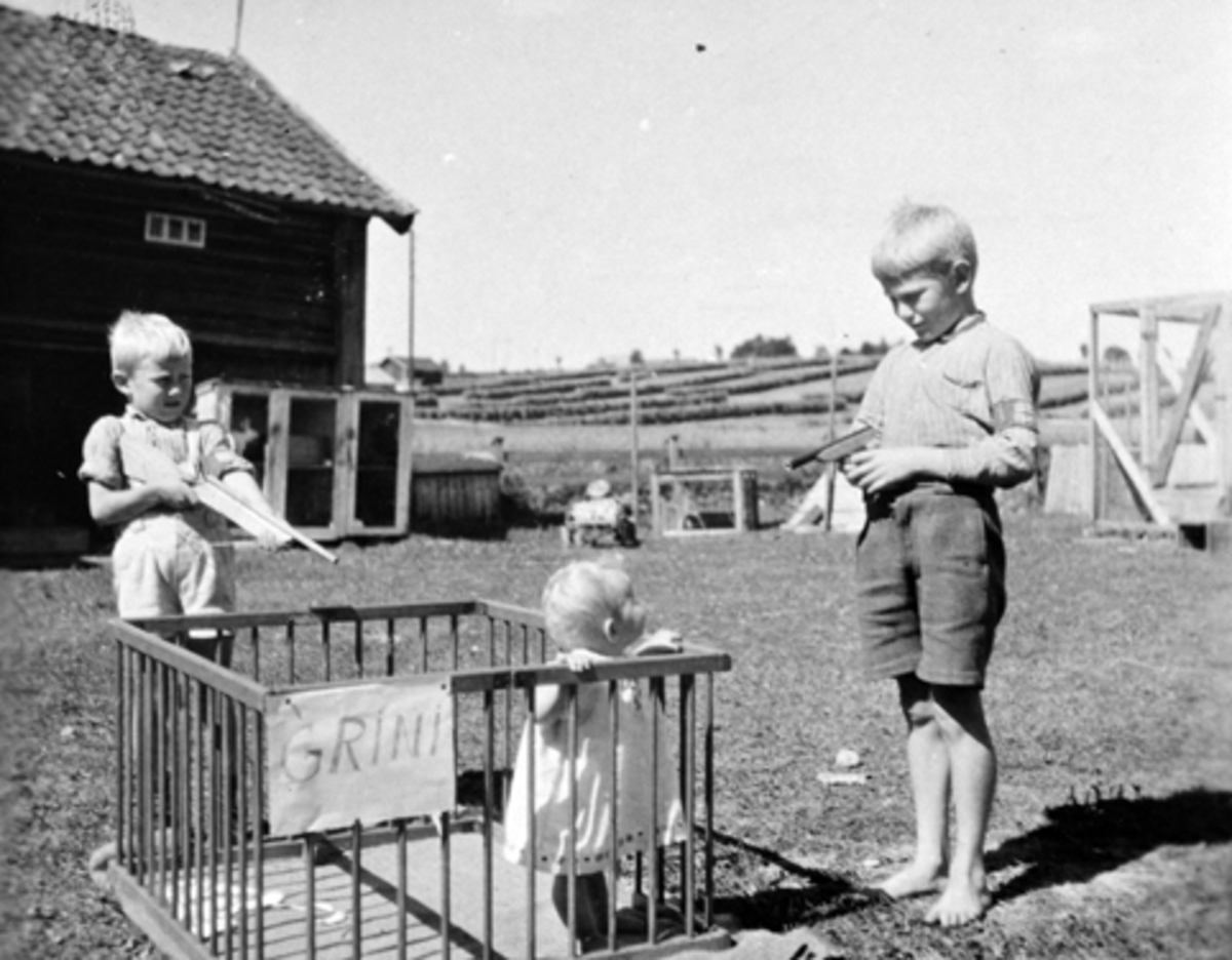 Anno Domkirkeodden, UTHUS GARD I STANGE AUGUST 1945. BARNELEK. T. V ANNAR OG ODD KJELL SKJEGSTAD MED LEKEPISTOL OG LEKEGEVÆR, MILORGARMBIND, VOKTER LILLESØSTER ASBJØRG I LEKEGRINDA MED PLAKAT GRINI. BARN OG KRIG. SE ÅRBOKA " GAMMALT FRA STANGE OG ROMEDAL"2004 SIDE 57.