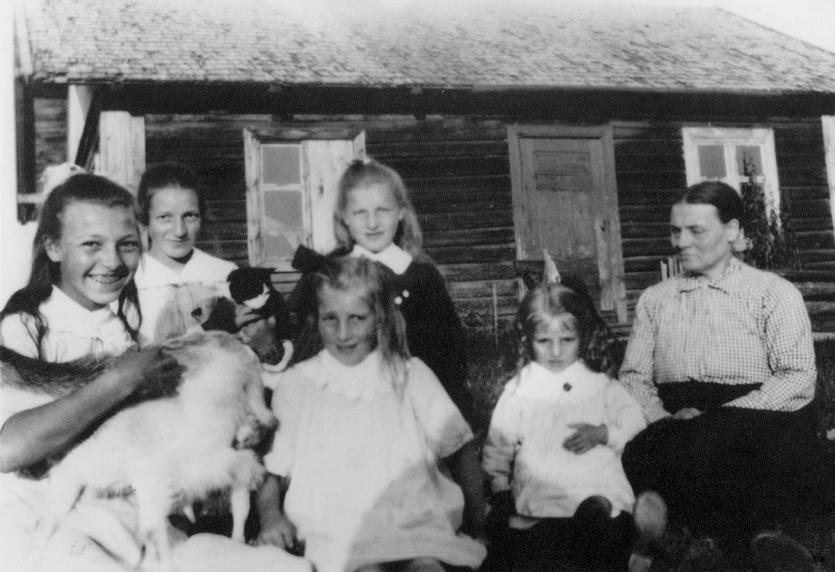 Anno Domkirkeodden, GRÅBERGSHAUGEN, F. V. BAK JULIE F. 1905, OLGA F. 1902, SIGNE F. 1907. FORAN JENNY F. 1910, OLAOG F. 1915 OGMOREN OLINE BIRGITTE FRA GRÅBERGET VESTRE. CA. 1917