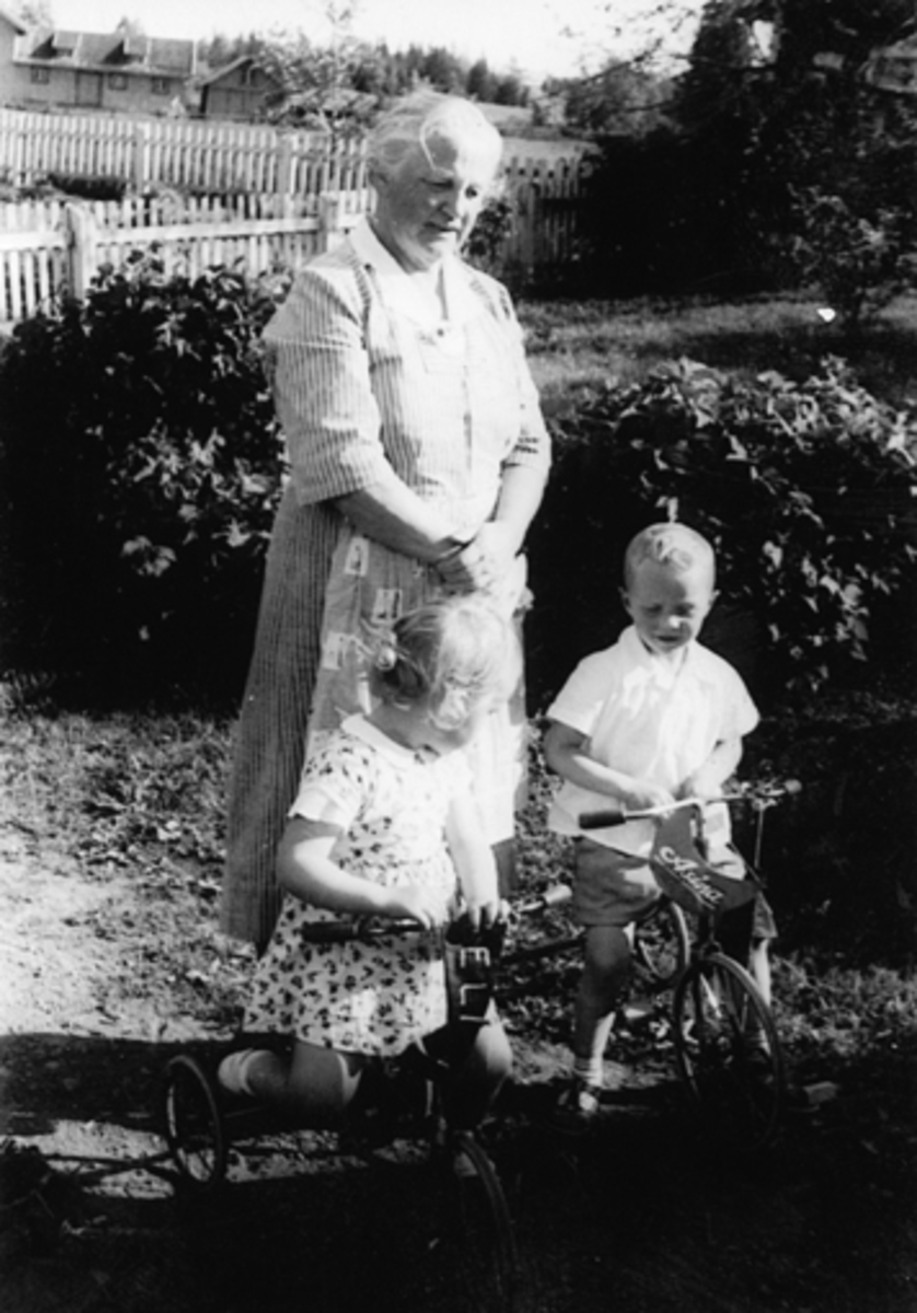Anno Domkirkeodden, MARGIT HUSE MED BARNEBARNA ELI BJERKE, RØROS OG NILS HUSE. STED: TONGA I STANGE, BARENLEKER, TREHJULSYKKEL.