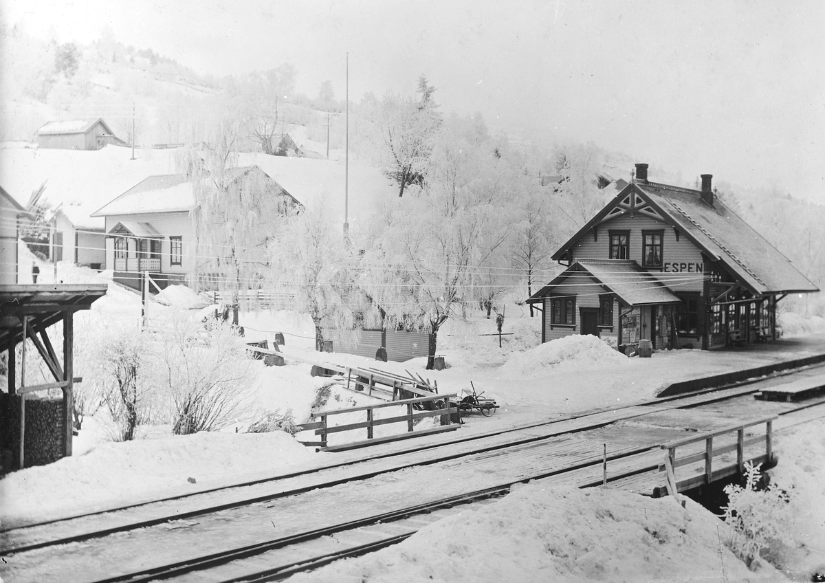 Ukjent, Espen, Espa jernbanestasjon, før 1913. T. v. Nordheim. senere Rusten Landhandleri. Flere opplysninger se boka "Handelssteder i Stange" skrevet av Jan Arne Berg, utgitt av Stange Historielag 2012