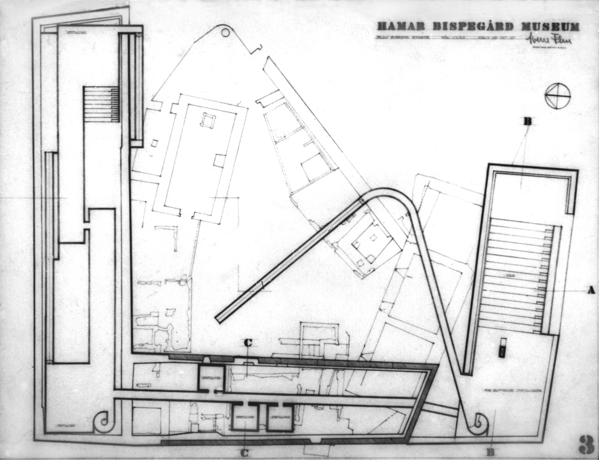 Anno Domkirkeodden, Storhamarlåven, plantegning øverste etasje. Tegning av professor Sverre Fehn. 1967. Se boka "Storhamarlåven-en visuell oppdagelsesreise i Sverre Fehns arkitektur" utgitt av Hedmarksmuseet 2004. HDH. 03.