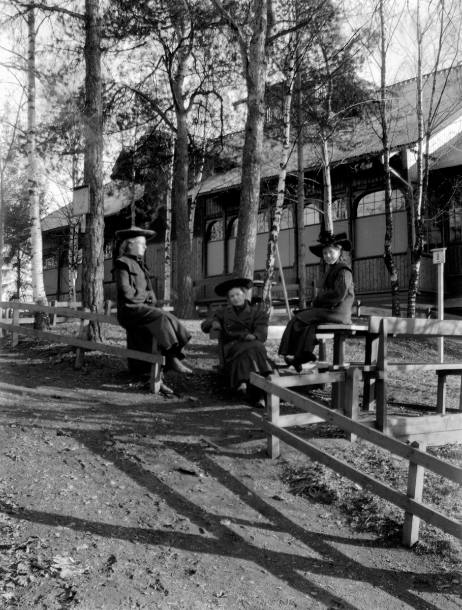 Johs. (Johannes) Johannessen, Tre kvinner foran pavilliongen i Hamar park som ble bygd i 1890-åra etter ingeniør A. Halvorsens tegninger.