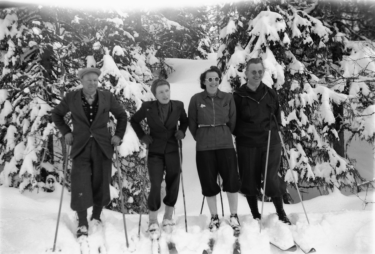 Håkon Prestkværn, Vinterlandskap. Ukjent gruppe på skitur med nikkers og solbriller.