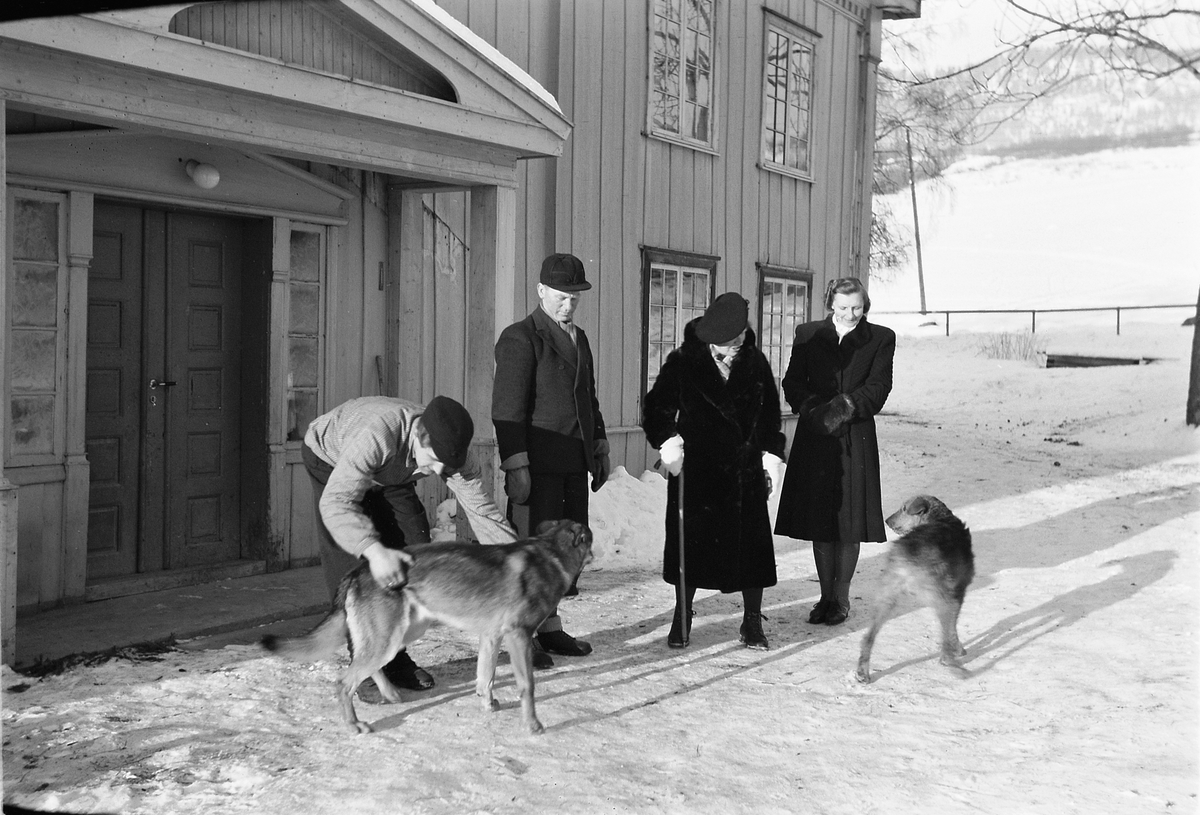 Håkon Prestkværn, Ukjente kvinner og menn med to hunder utenfor et hus.