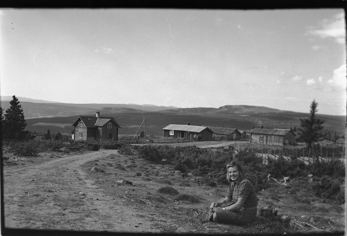 Håkon Prestkværn, Fjellandskap. Ukjent kvinne sitter ved en vei på en seter.