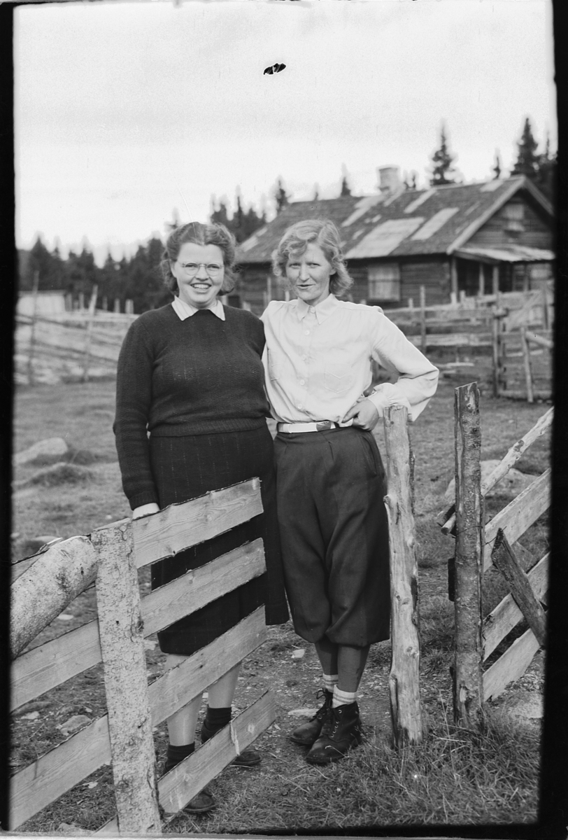 Håkon Prestkværn, To ukjente kvinner står ved et gjerde med et hus i bakgrunnen.