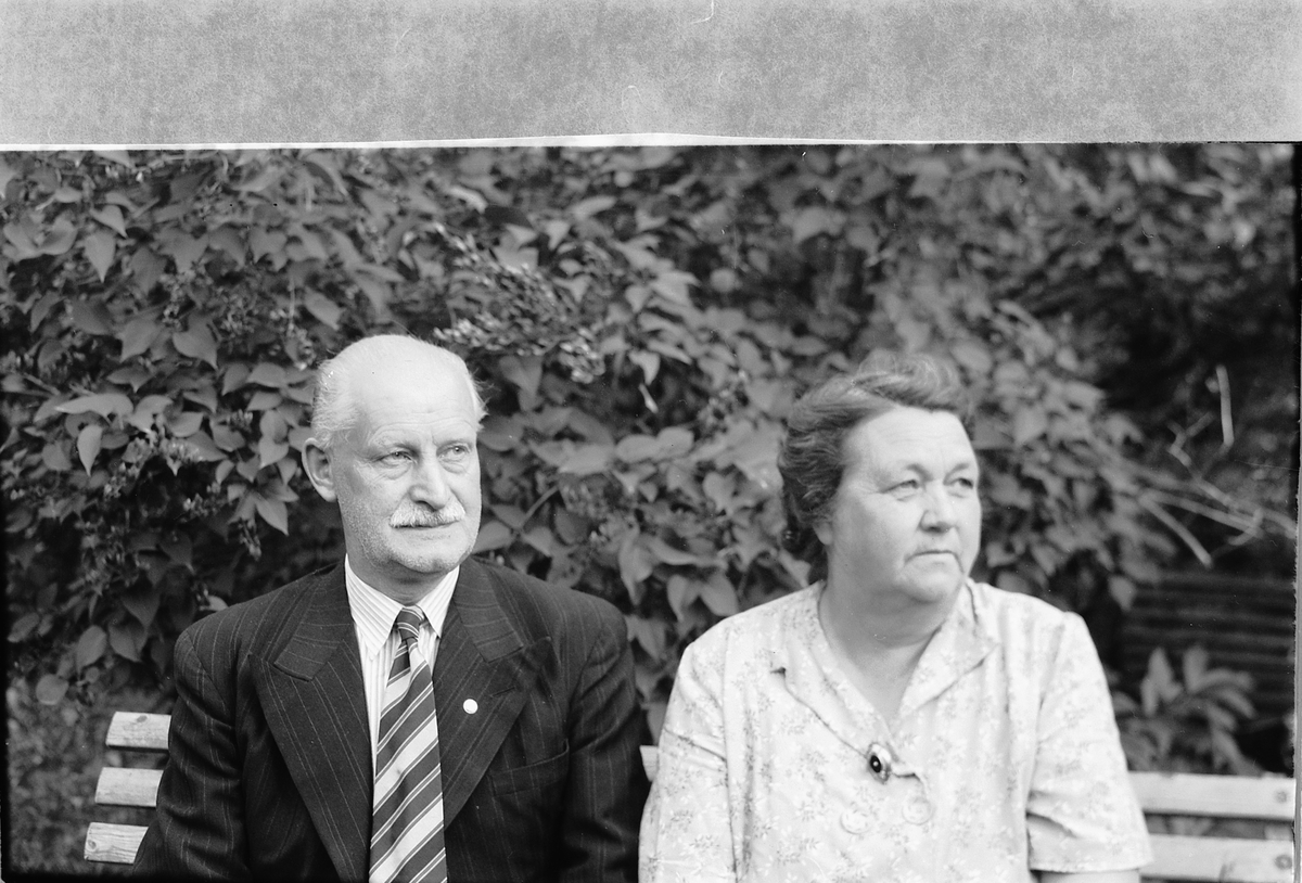 Håkon Prestkværn, Eldre mann og kvinne på en benk med trær i bakgrunnen.
