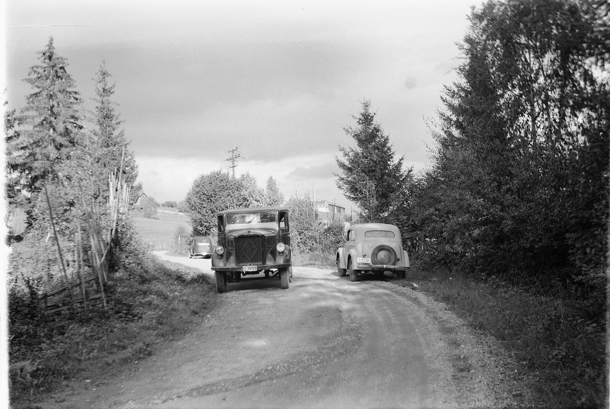 Håkon Prestkværn, PERSONBIL D-2789, LASTEBIL D-3659. LANGS BYGDEVEG, D-2789 er en Opel Olympia persombil og D-3659 er en Borgward Lastebil
