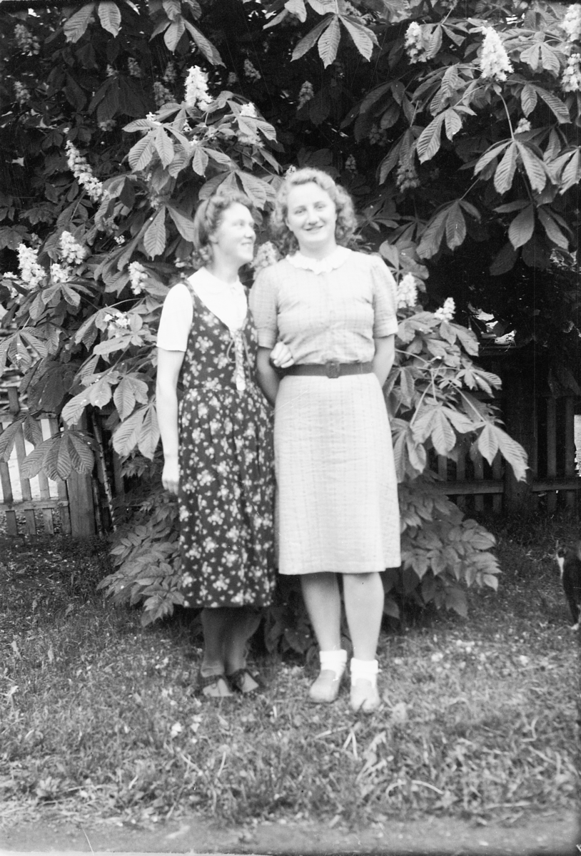Håkon Prestkværn, Eksteriør, hage. Ukjente kvinner i kjoler foran et gjerde. Til høyre Esther Granberg, gift Godal.
