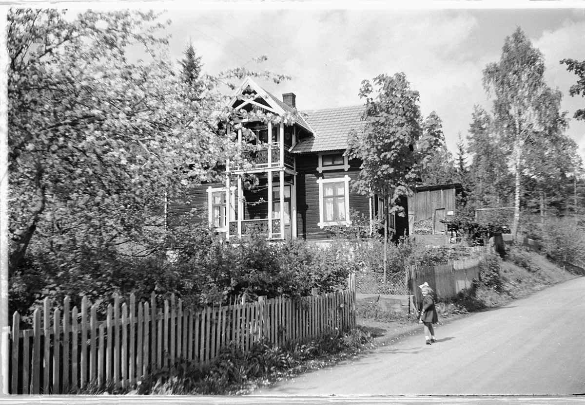 Håkon Prestkværn, VILLA I ÅSMARKVEGEN I MOELV, LITT OVENFOR PINNERUDVEGEN, FRUKTTRE I BLOMSTRING, UKJENT BARN