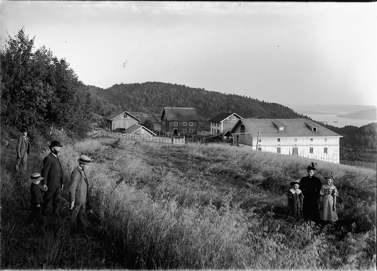 Kristoffer Horne, HAUGER GÅRD, RING i Ringsaker, FRA VENSTRE: BERNHARD Hauger, LARS N. Hauger, BARN MED HATT: JØRGEN, PEDER, ANNA, MATHEA, BERTHE OG HELGA Hauger, OG PÅ TUNET STÅR TO ÅR GAMLE HELGA Hauger.
