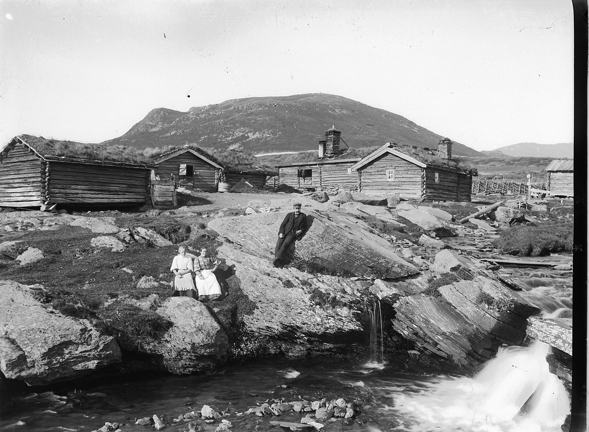 Simen Baardseth, SETERGREND, HØVRINGEN? To kvinner og en mann ved en bekk.