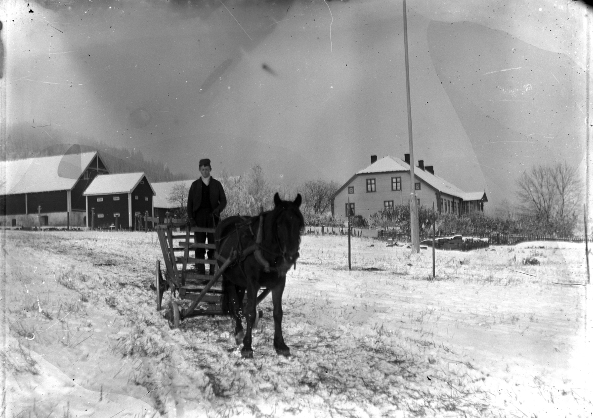 Martin Finborud, Ukjent gutt kjører hest og høyvogn på Grefsheim gård, Nes, Hedmark.
