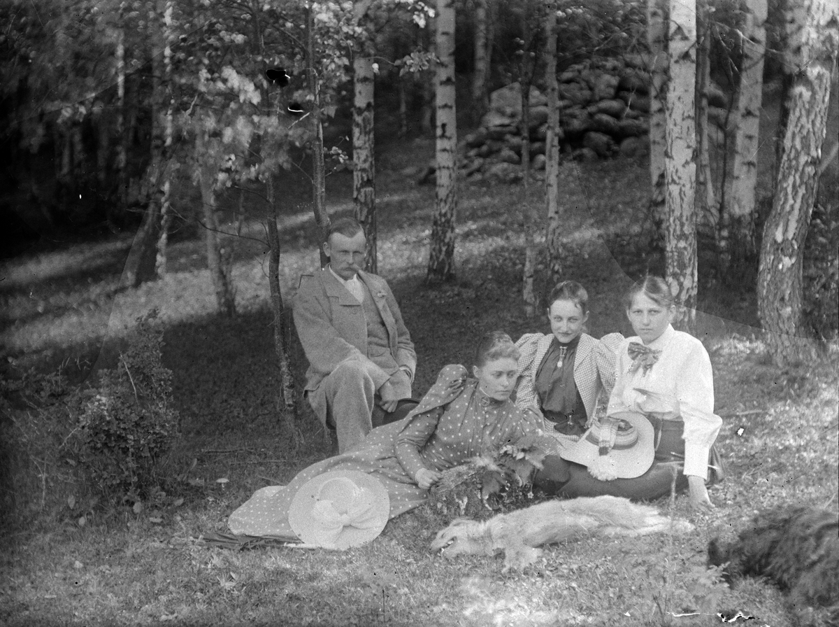 Martin Finborud, En mann og tre kvinner på tur i skogen. En hund hviler i gresset. Sofie Pihl (f Mellbye) liggende t. v. Lol Misen (f Mellbye) i midten.