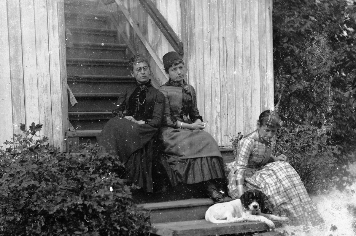 Hans Emil Erichsen, 3 ukjente kvinner og hund i trapp ute.
