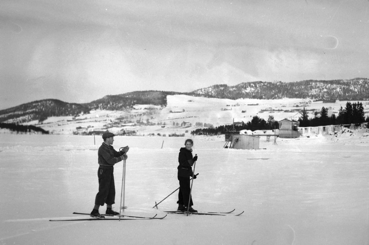 Håkon Prestkværn, Skiløpere på Mjøsisen, pumpestasjonen, nedenfor Moelven Cellulose. Boligvikavika.
