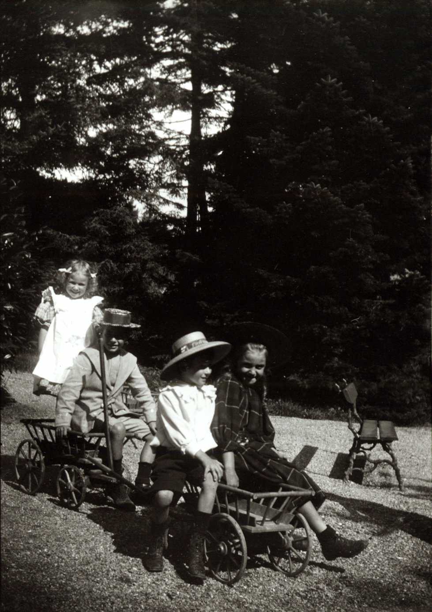 Fredrik Emil Faye, Gruppeportrett, Sveits. Barn i lek med trevogner. Ant. fra serie fotografert av kammerherre Fredrik Emil Faye (1844-1903), Dal gård, Ullensaker.