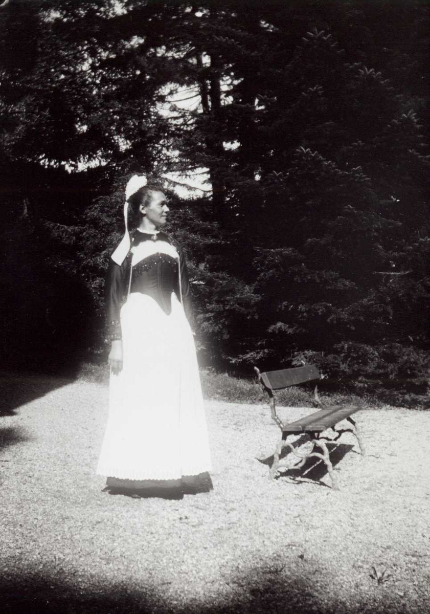 Fredrik Emil Faye, Portrett, Sveits. Kvinne stående utendørs ved benk, muligens tjenestepike.. Ant. fra serie fotografert av kammerherre Fredrik Emil Faye (1844-1903), Dal gård, Ullensaker.
