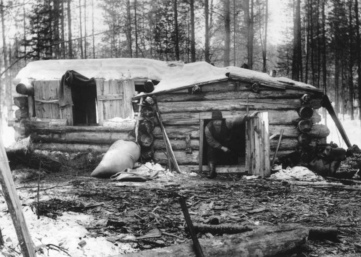 Anders Beer Wilse, Trysil, Hedmark 1905. Tømmerkoie med mann i døra.