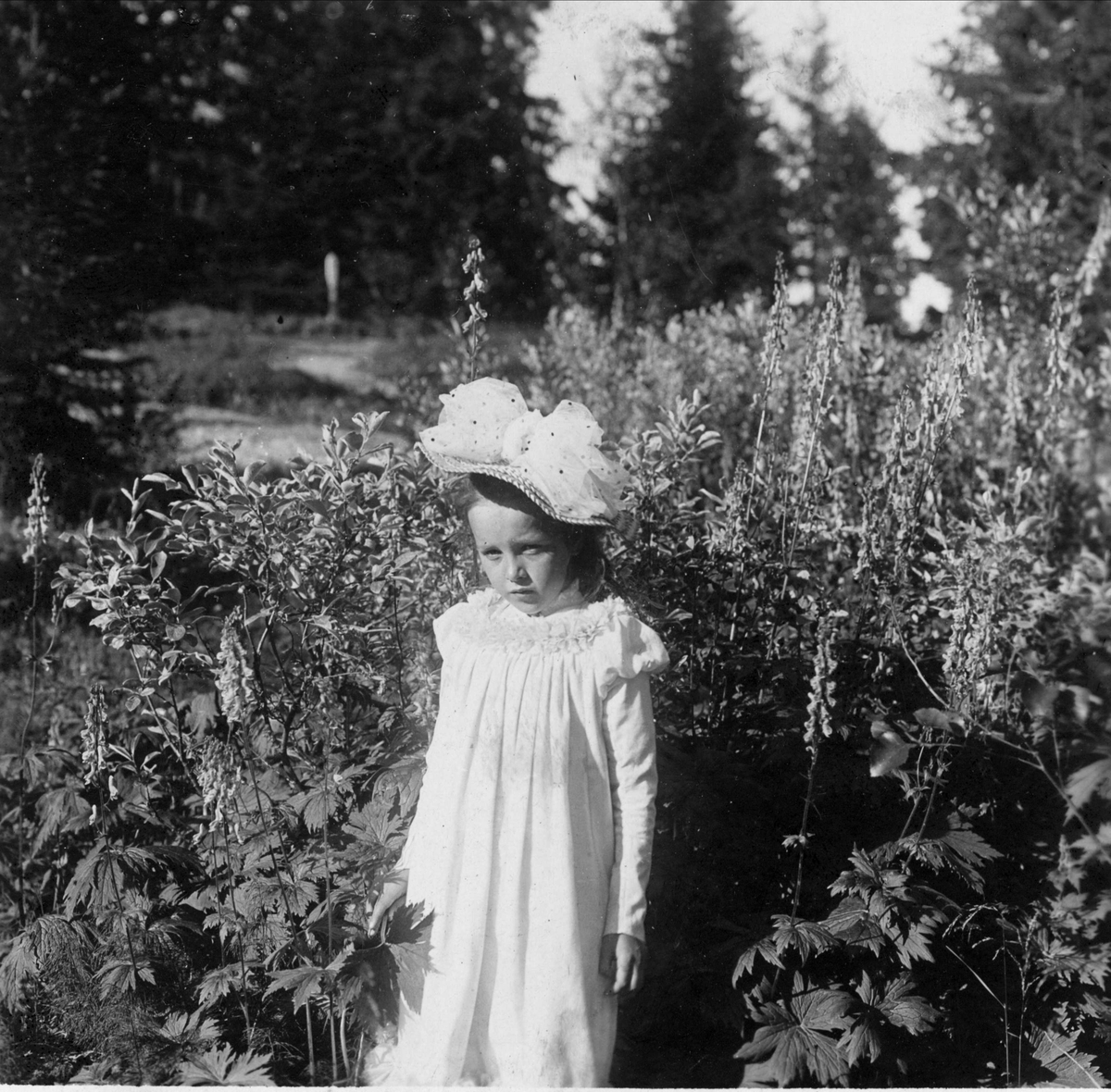 Robert Collett, Pike med hatt stående i eng, ukjent sted. Serie tatt av Robert Collett (1842-1913), amatørfotograf og professor i zoologi.