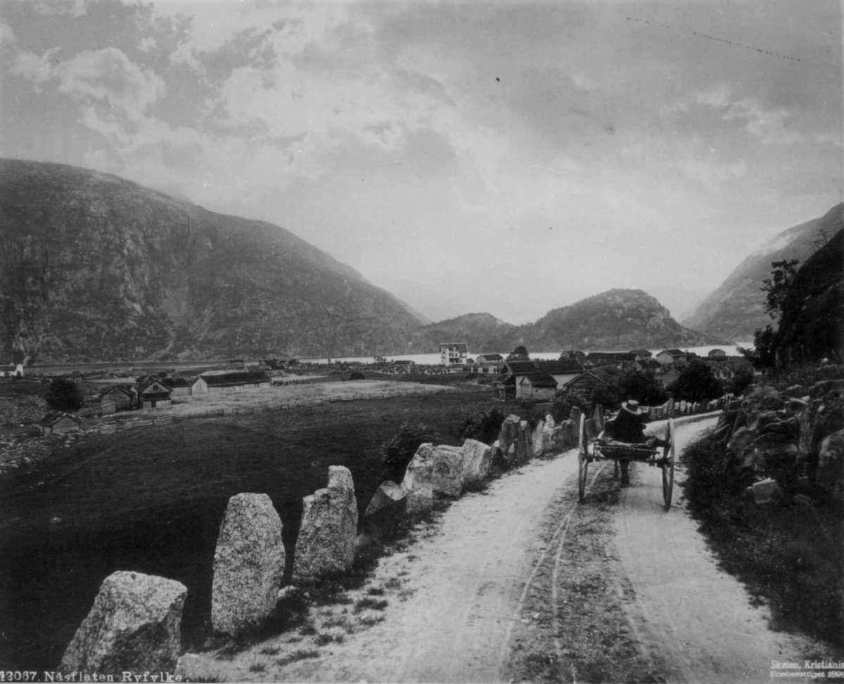 Marthinius Skøien, Nesflaten, Suldal, Rogaland. Veiparti med hestekjøretøy.