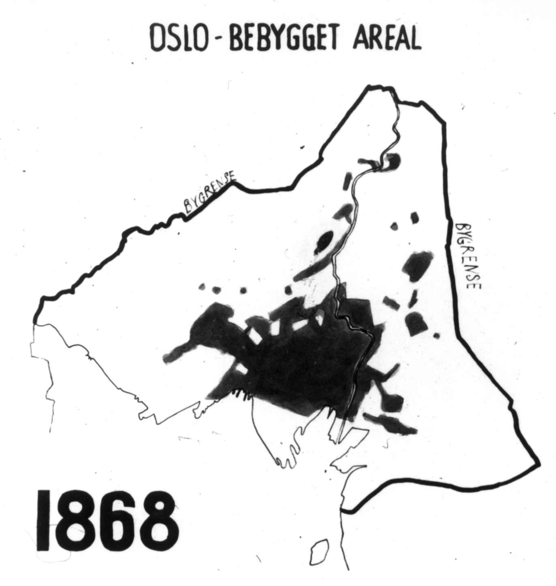 Nanna Broch, Tekstplansje over bebygget areal i Oslo 1868. Fra lysbildeserie til utstilling på Østkantutstillingen 1934, "Den var vår, denne jord". Om tomteproblemer i Oslo. Fra boliginspektør Nanna Brochs boligundersøkelser i Oslo 1920-årene.
