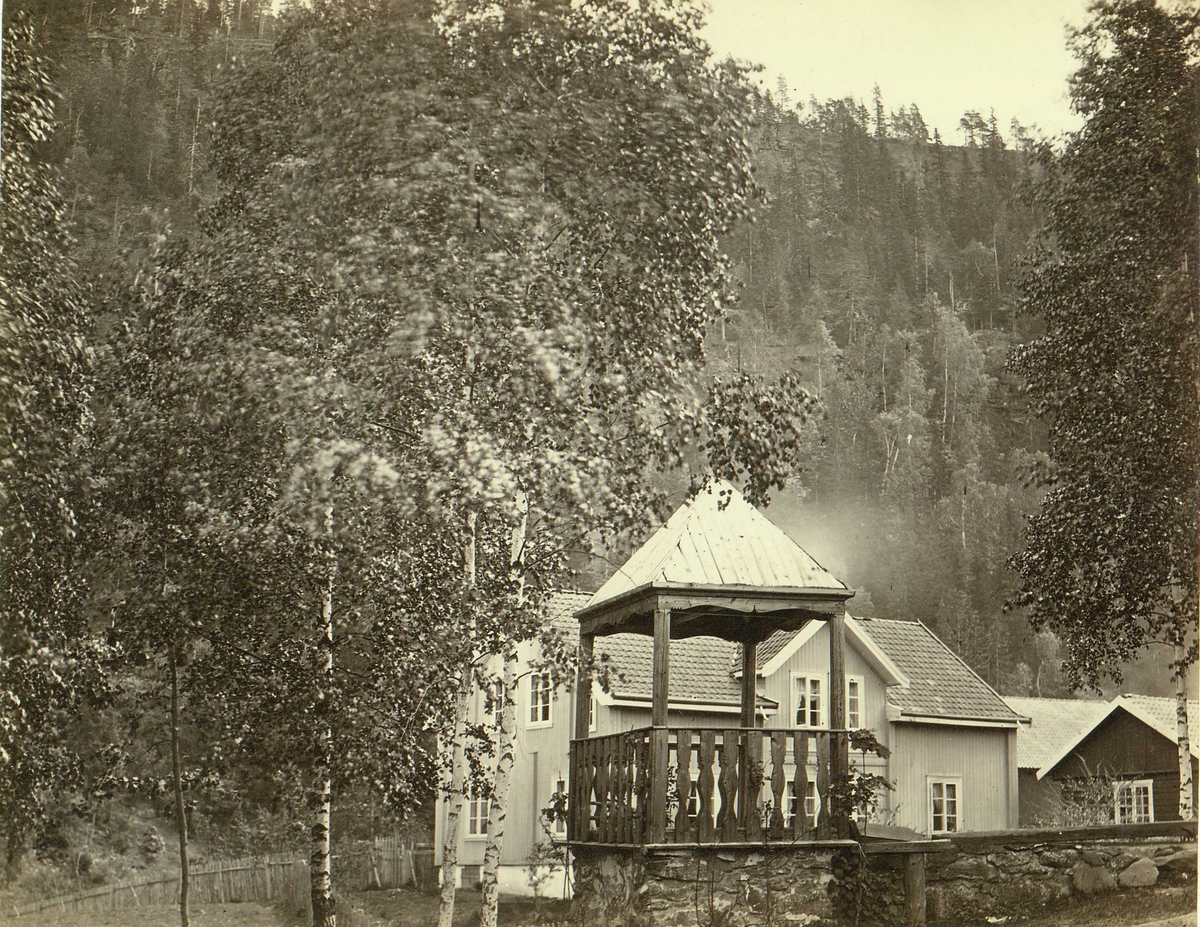Henry Rosling, Ant. Homledal skyssstasjon, Hole, Buskerud, med bebyggelse. Paviljong i forgrunnen foran hovedbygning. Fra serie norske landskapsfotografier tatt av den engelske fotografen Henry Rosling (1828-1911).