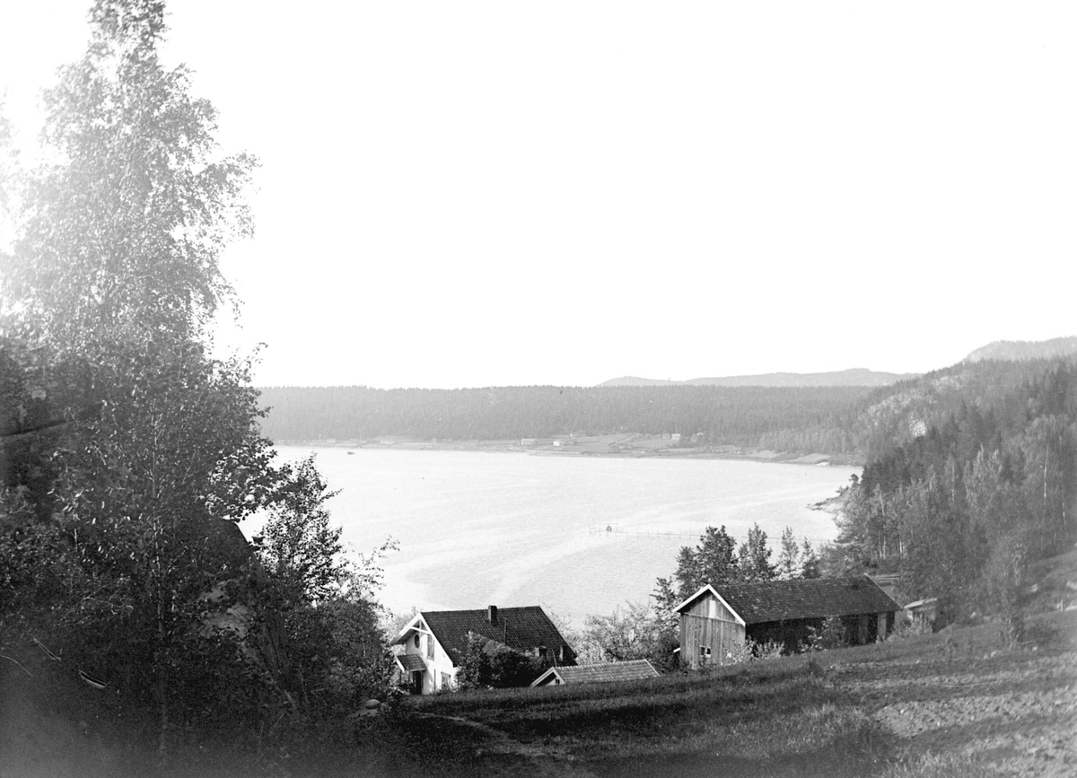 Juliane Fredrikke Langberg, Landskap, fra Hurum, utsyn over fjord med gårdsbebyggelse i forgrunnen (jfr. NF.15386-029 og -085). Fotografens svoger var sokneprest i Hurum 1897-1904. Fra malerinne Juliane Fredrikke Langbergs (1856-1930) samling, tatt ca.1895-1910 med motivkrets slekt og venner samt steder tilknyttet samvær med …