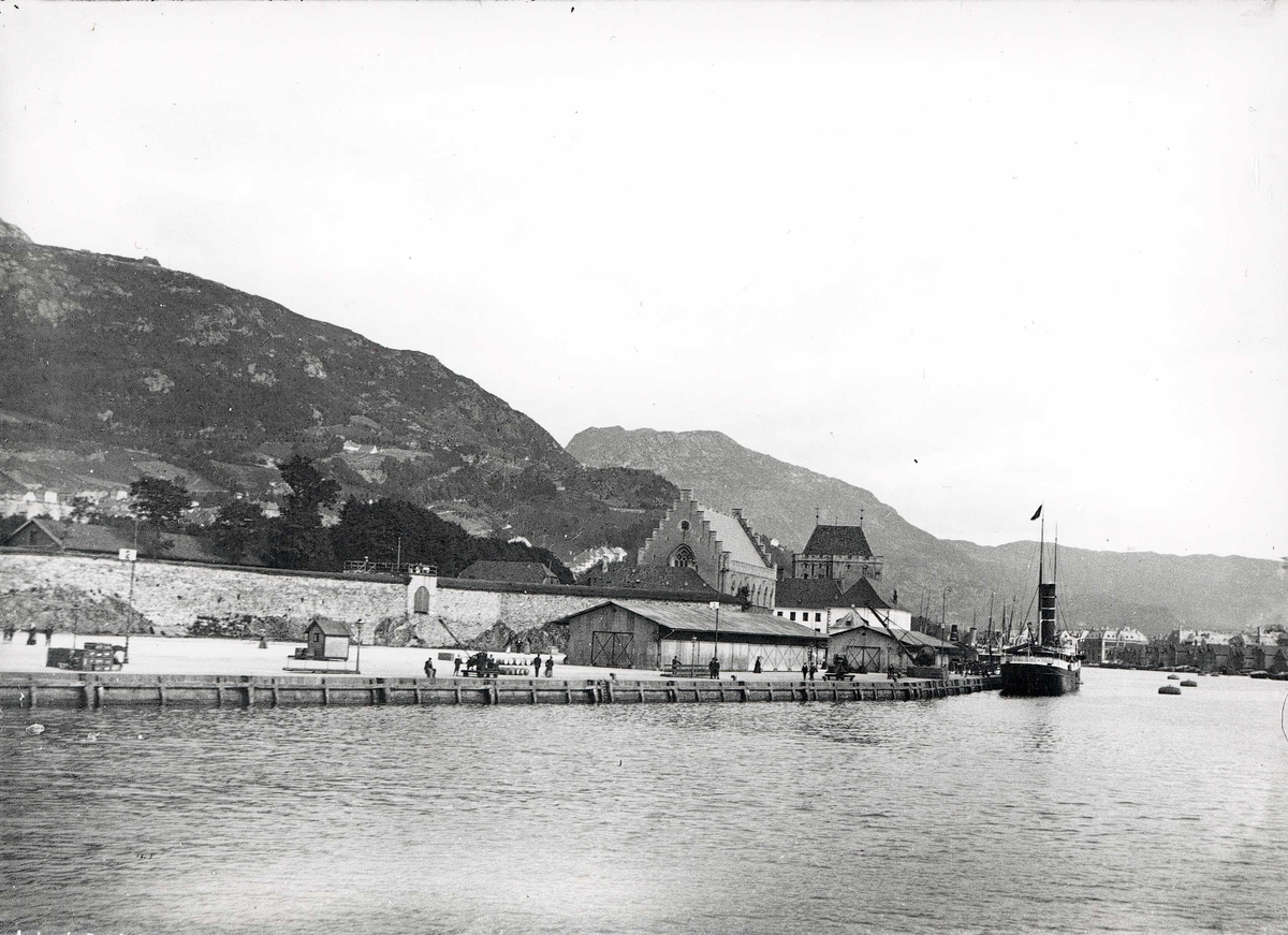 Tom Kent, Håkonshallen i Bergen fra sjøen. Kaiannlegg med dampskip.